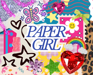 Colorful design with 'Paper Girl' text and various decorative elements on a pink background.
